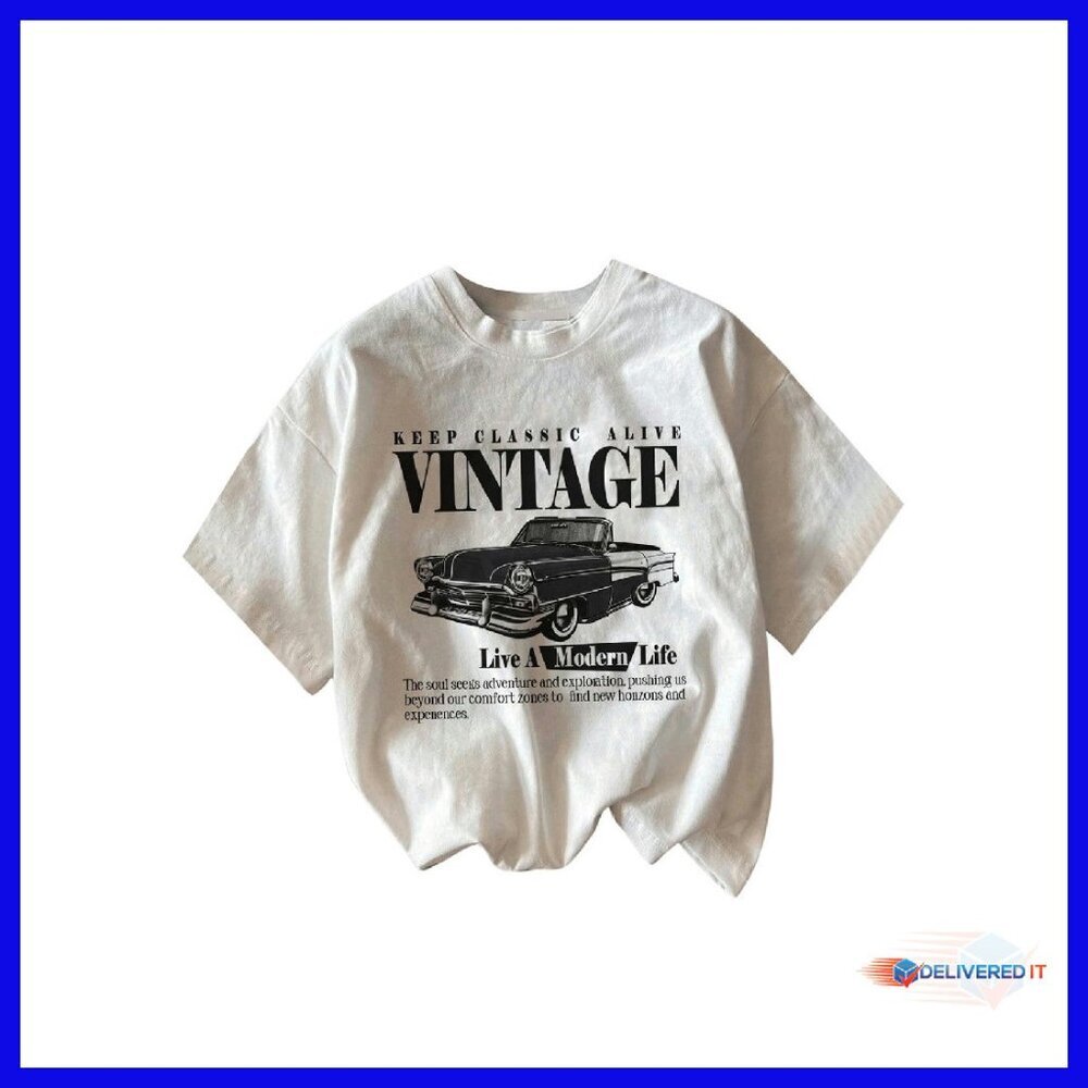 Women's Graphic Letter Tee Crew Neck Drop Shoulder Vintage Car Print Top - Picture 1 of 6